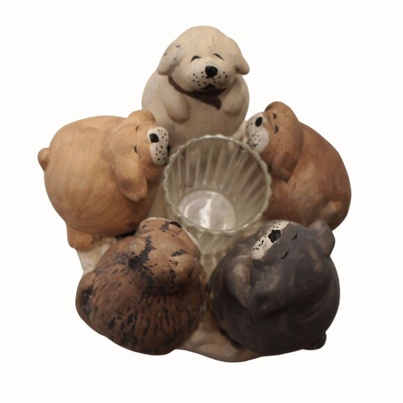 Ceramic Dog Figurine Candle Holder Featuring 5 Adorable Puppies - Picture 1 of 9